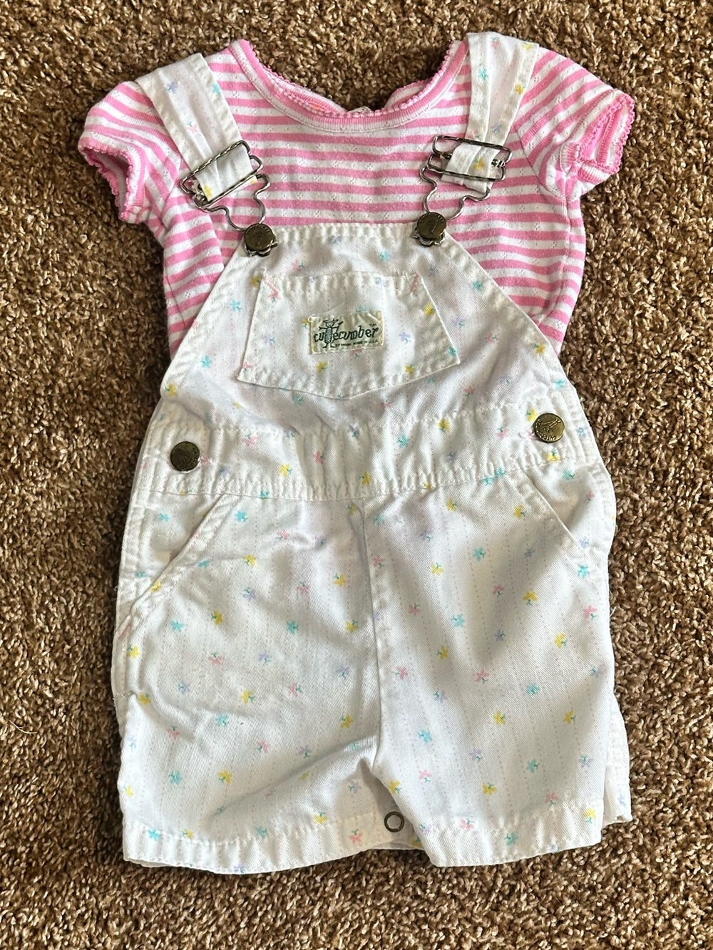 Vintage 1980s Cutecumber brand Flowered Overalls with Striped Mini Boden Shirt